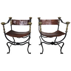 Pair of Bronze Wrought Iron and Leather Chairs
