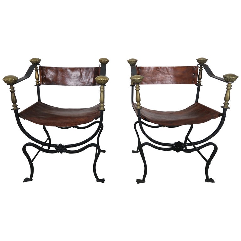 Pair of Bronze Wrought Iron and Leather Chairs at 1stDibs