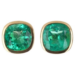 11.21tcw AAA 18K Colombian Emerald Cushion Cut Bezel Setting Earring Studs