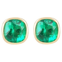 11.21tcw AAA Top Colombian Emerald Cushion Cut Bezel Setting Earring Studs 18K