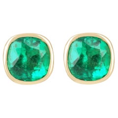 11.21tcw AAA Top Colombian Emerald Cushion Cut Bezel Setting Earring Studs 18K