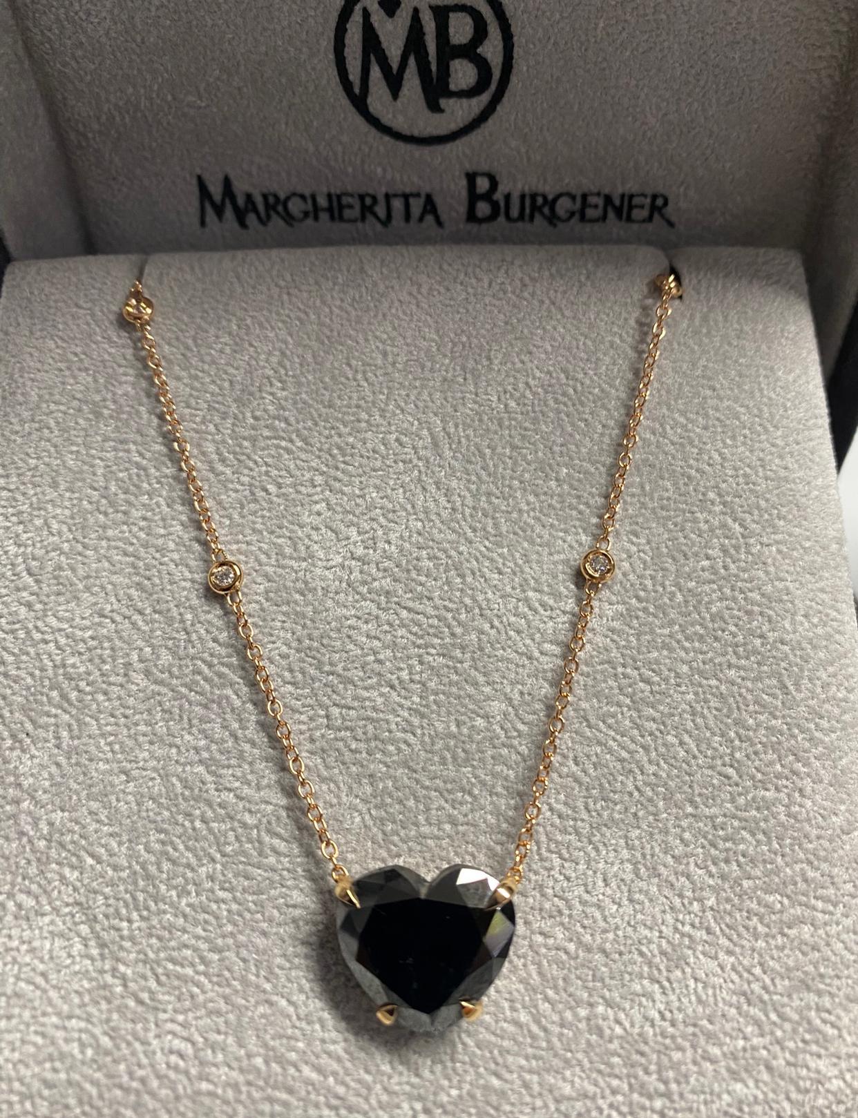 Contemporary 11.22 Carat Heart Cut  Black Diamond 18 KT Rose Gold Made in Italy  Necklace For Sale