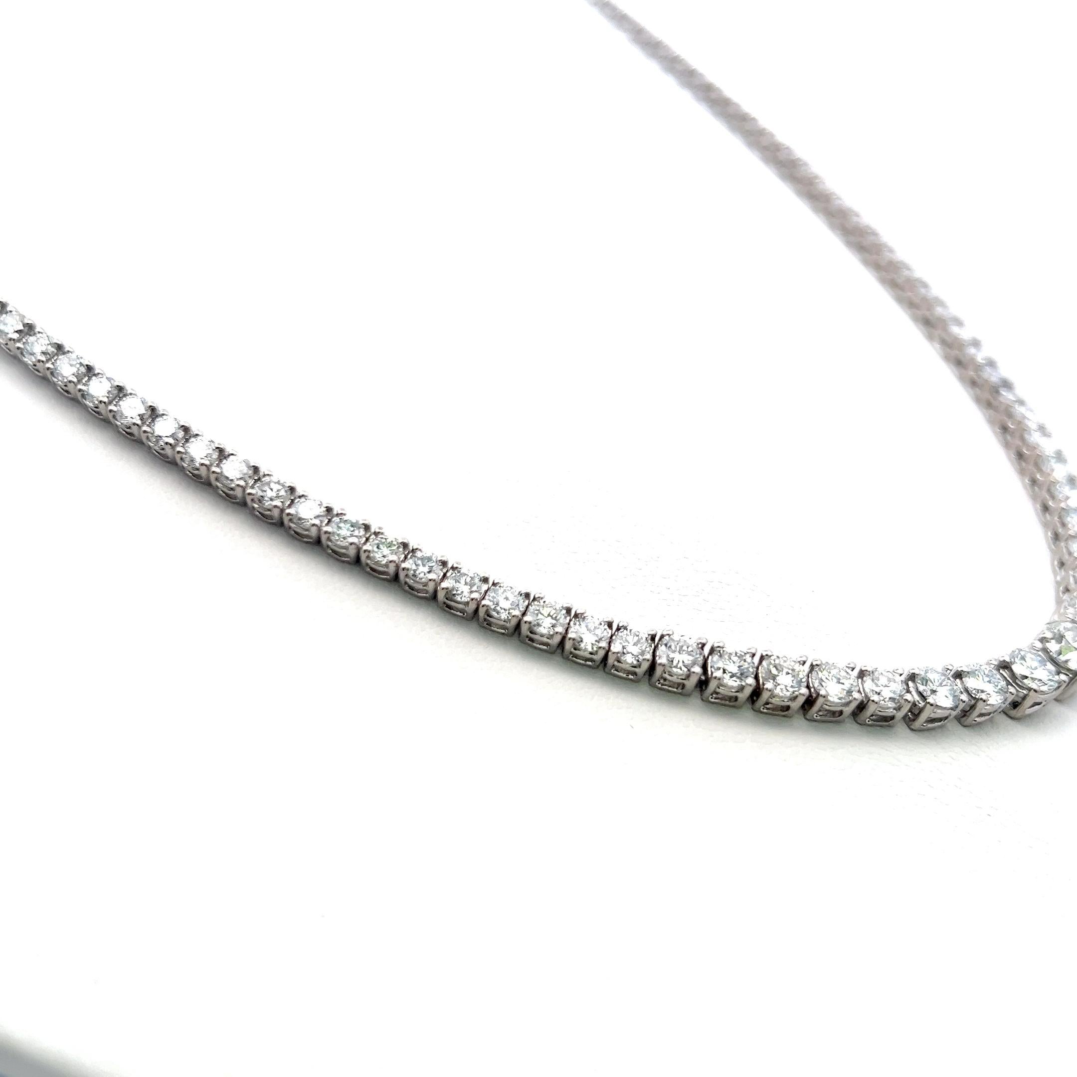 Brilliant Cut 11.22 Carat Round Brilliant Diamond 14 Karat White Gold Riviera Necklace For Sale