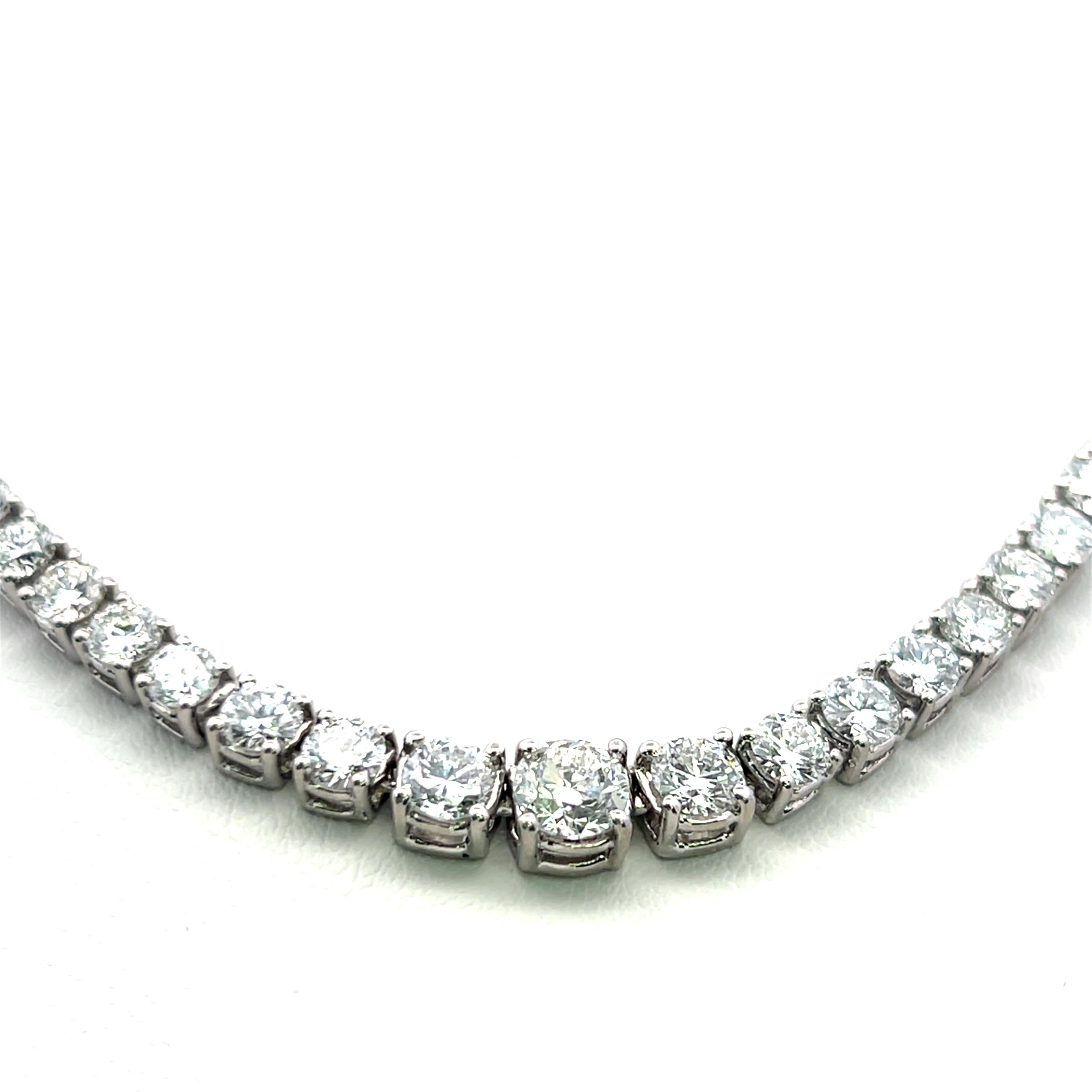 Women's 11.22 Carat Round Brilliant Diamond 14 Karat White Gold Riviera Necklace For Sale