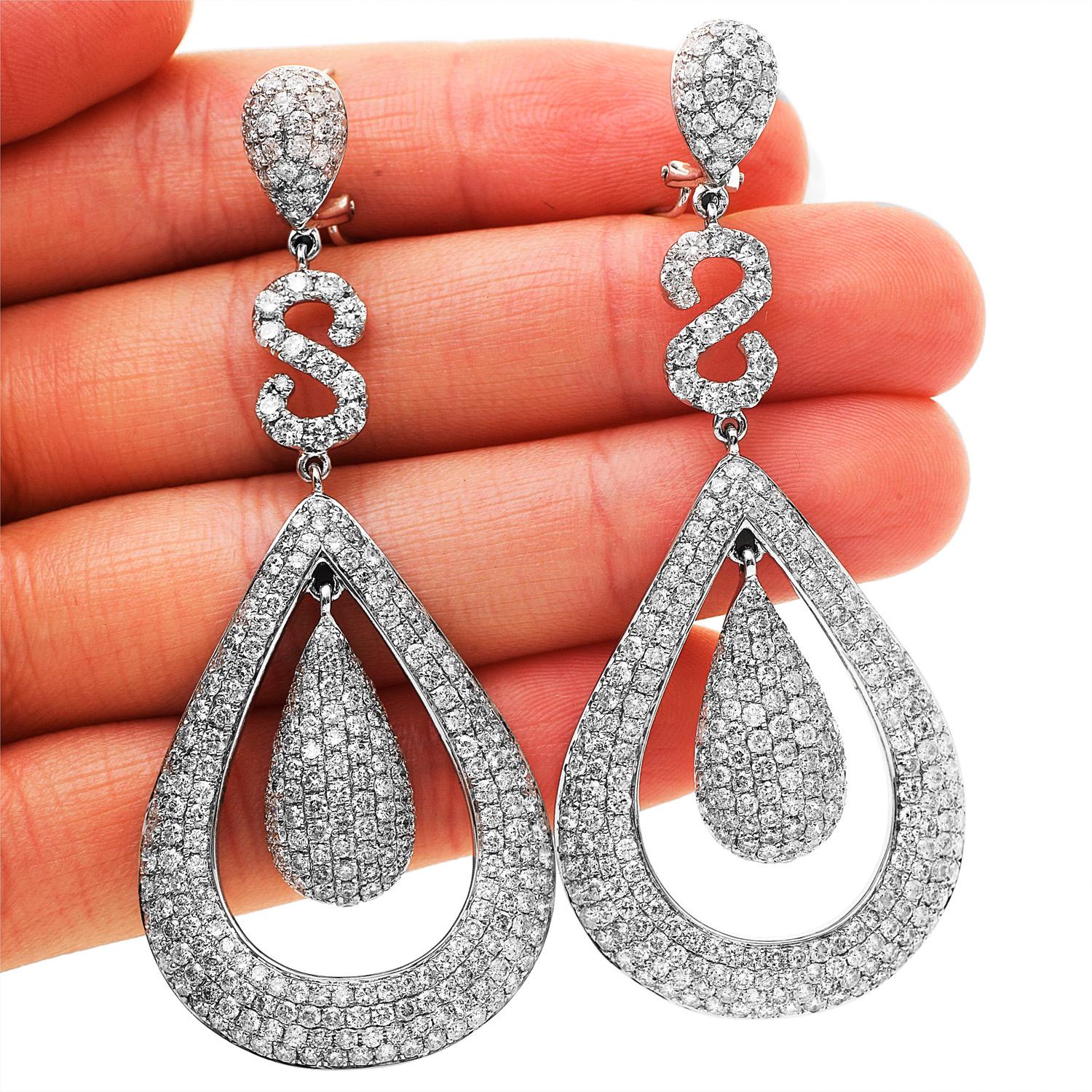 Modern 11.22 Carats Diamond Gold Floral Large Drop Earrings For Sale