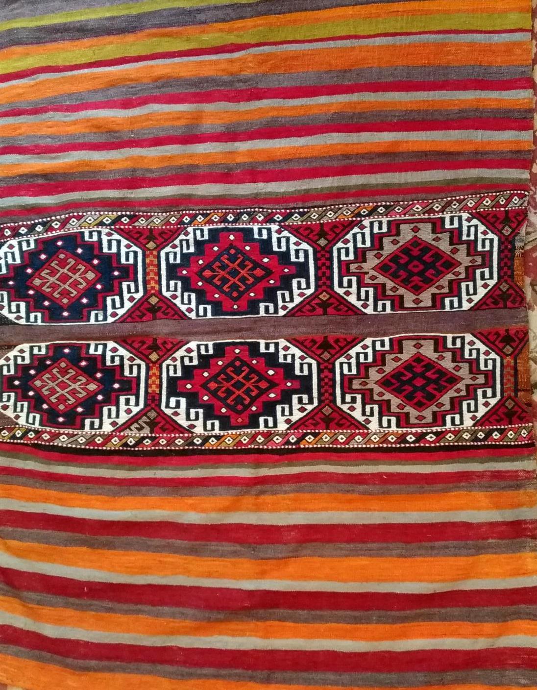 Very pretty Turkish chuval kilim woven and embroidered with fresh colors.