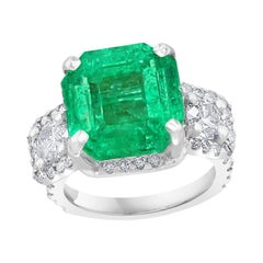 Antique 11.23 Carat Cushion Cut Colombian Emerald & 1.15 Ct Diamond Ring in Platinum