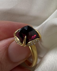 Anillo de oro macizo de 18 quilates con granate rodolita y diamantes de 11,23 quilates