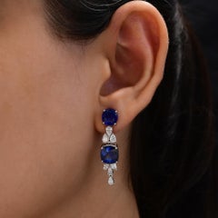 11 Carat Blue Sapphire With Diamond Drop Earrings 14k White Gold Bridal Earring