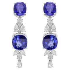 11.23 TCW Natural Blue Sapphire SI/H Diamond Dangle Drop Earrings 18k White Gold