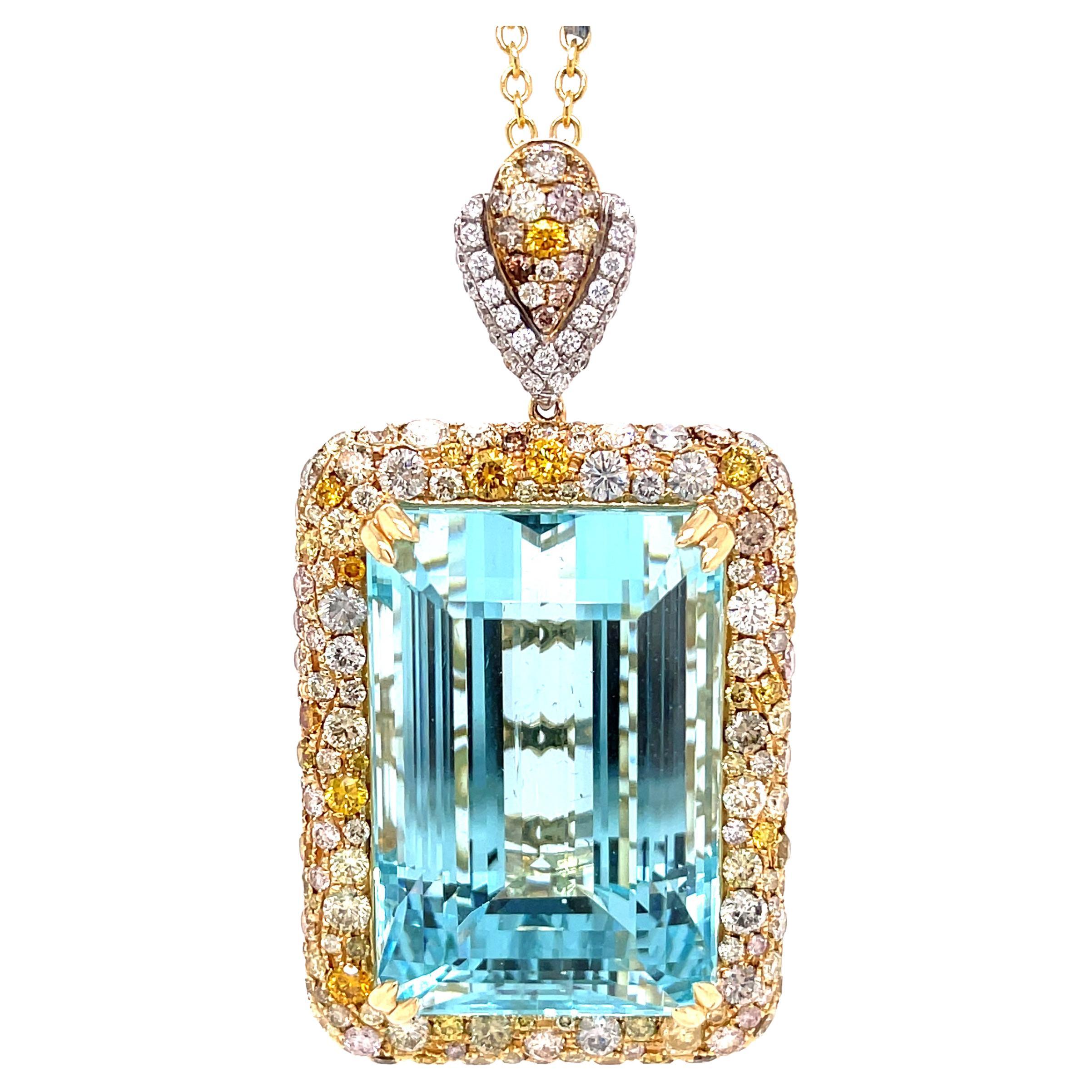 112.36 Carat Emerald Cut Aquamarine & Diamond Pendant w/ Chain in 14KT For Sale