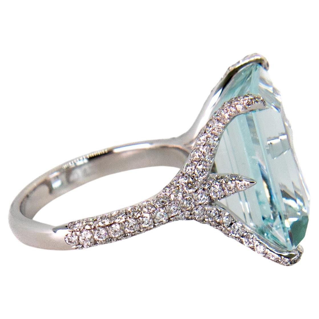 11.23 Carat Aquamarine and Diamond Micropave Claws Platinum Ring