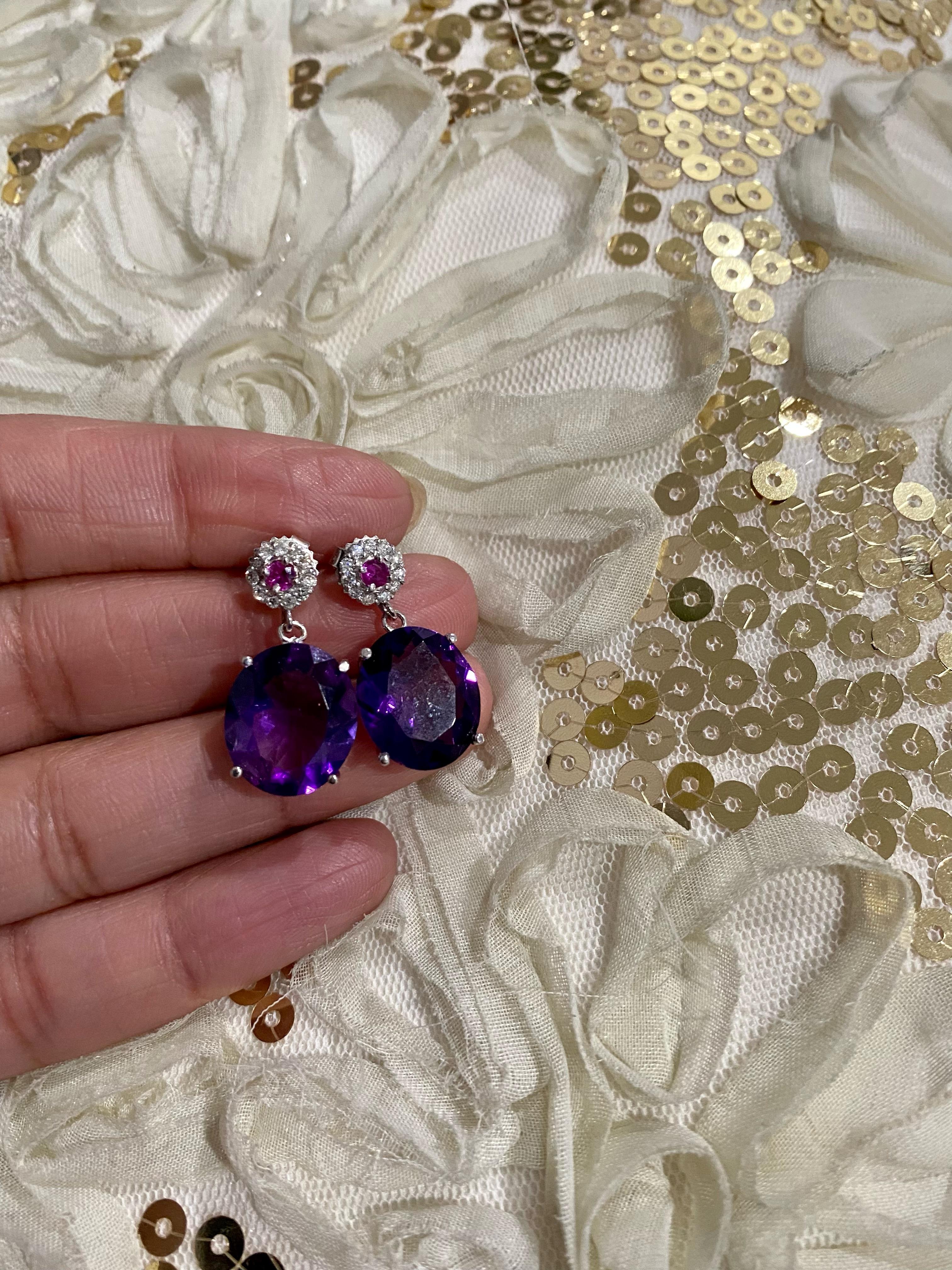 Oval Cut 11.24 Carat Amethyst Sapphire and Diamond 14 Karat White Gold Drop Earrings
