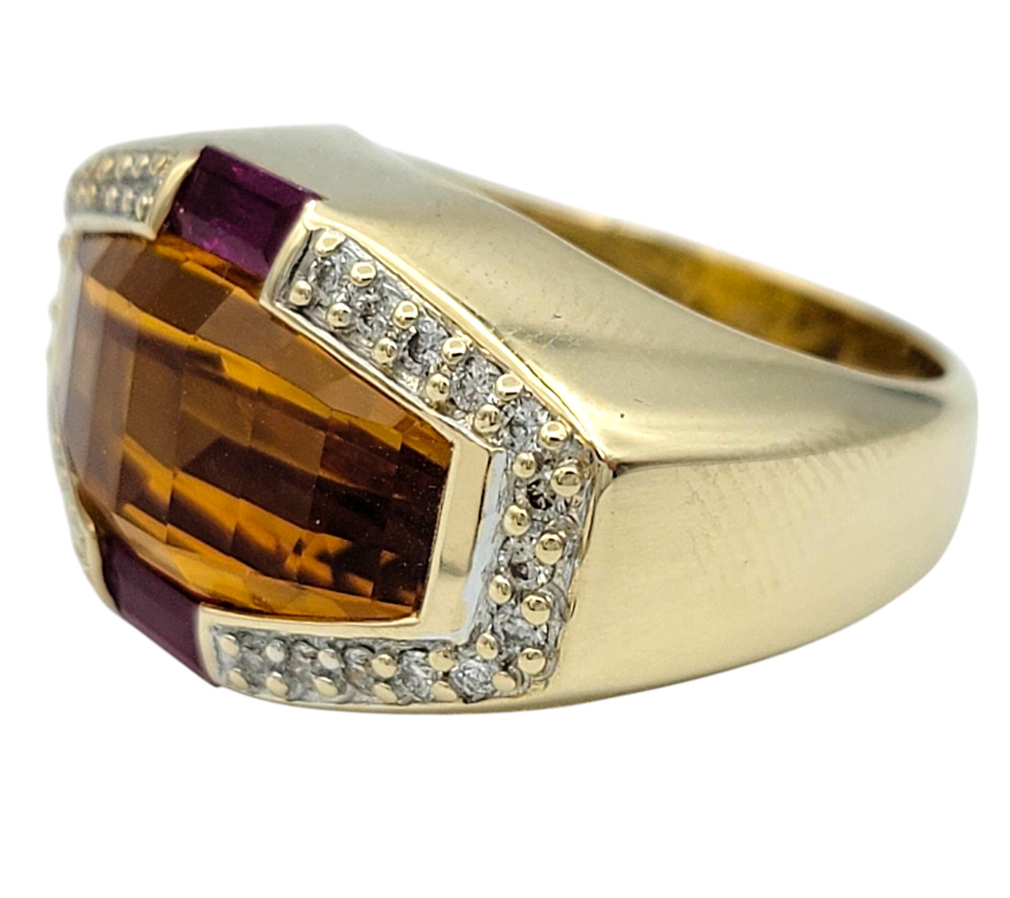 Contemporary 11.24 Carat Citrine East West Ring with Rubies & Diamonds 14 Karat Yellow Gold For Sale