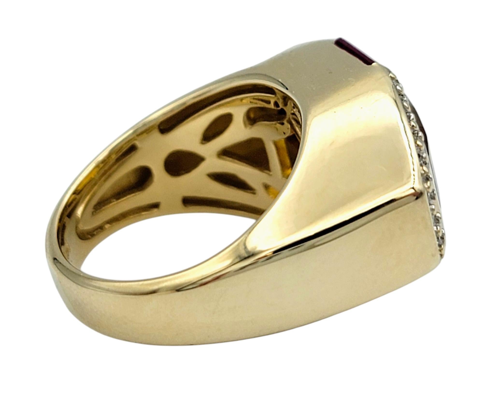 Baguette Cut 11.24 Carat Citrine East West Ring with Rubies & Diamonds 14 Karat Yellow Gold For Sale