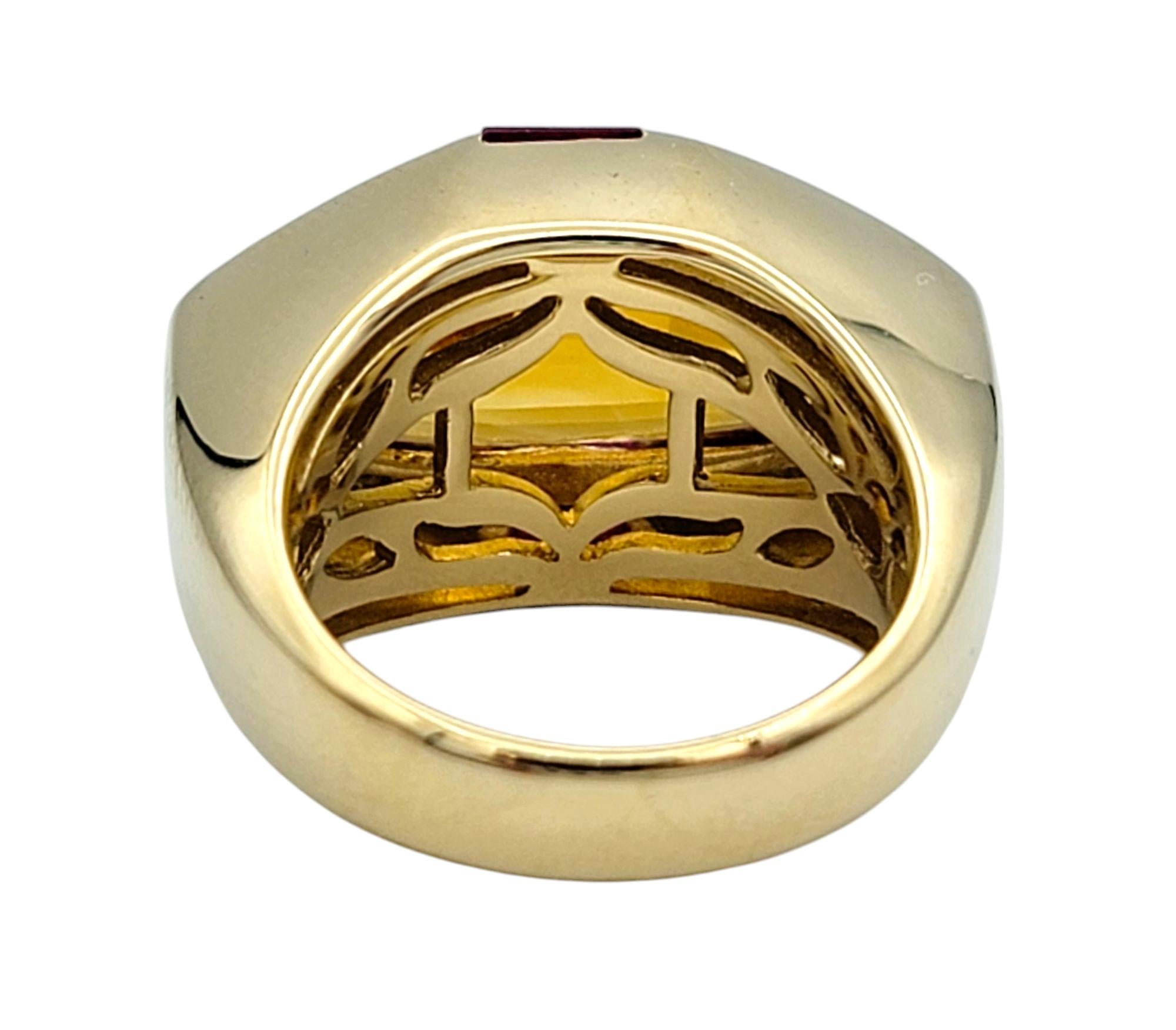 11.24 Carat Citrine East West Ring with Rubies & Diamonds 14 Karat Yellow Gold In Good Condition For Sale In Scottsdale, AZ