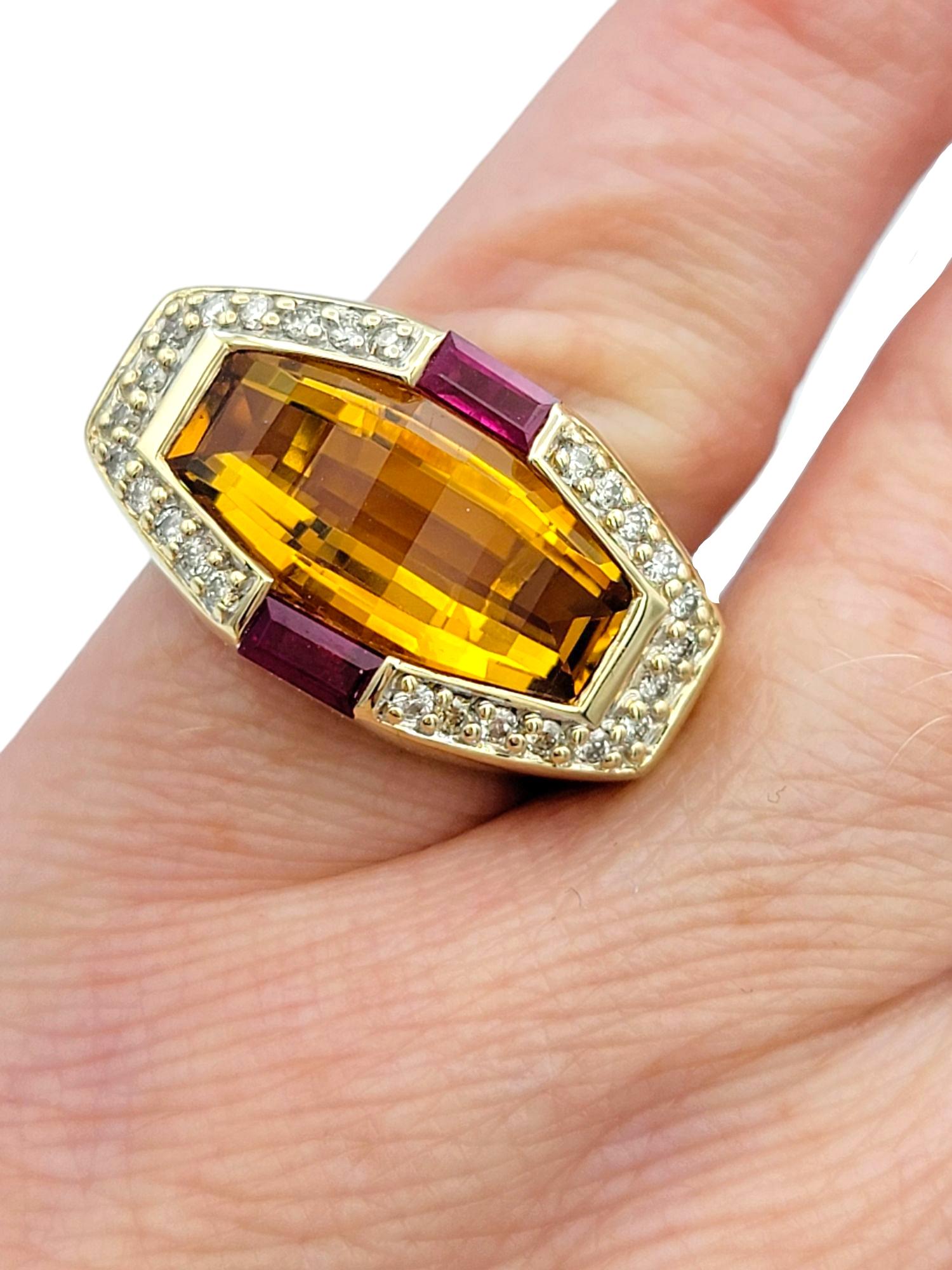 11.24 Carat Citrine East West Ring with Rubies & Diamonds 14 Karat Yellow Gold For Sale 1