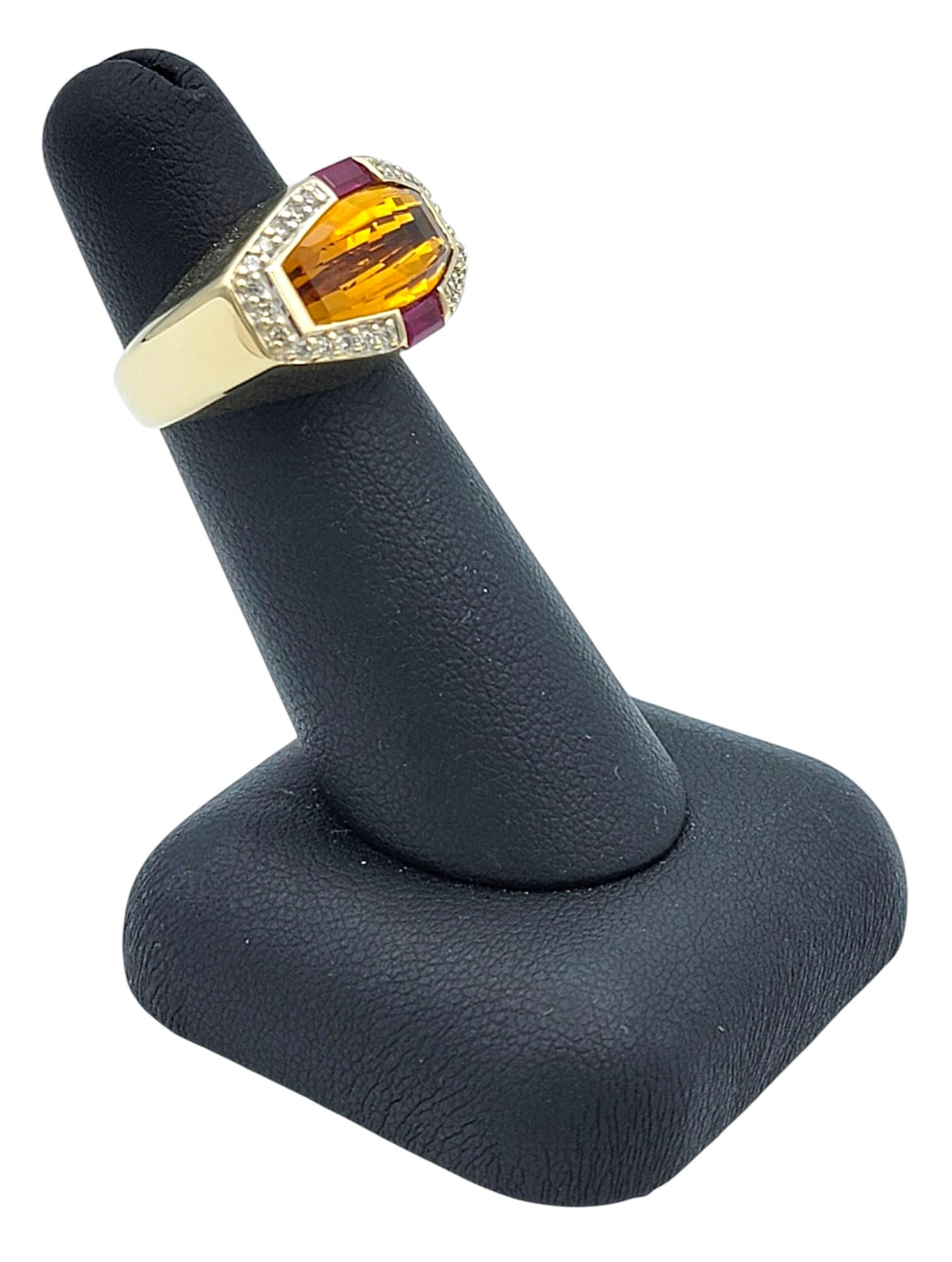 11.24 Carat Citrine East West Ring with Rubies & Diamonds 14 Karat Yellow Gold For Sale 3