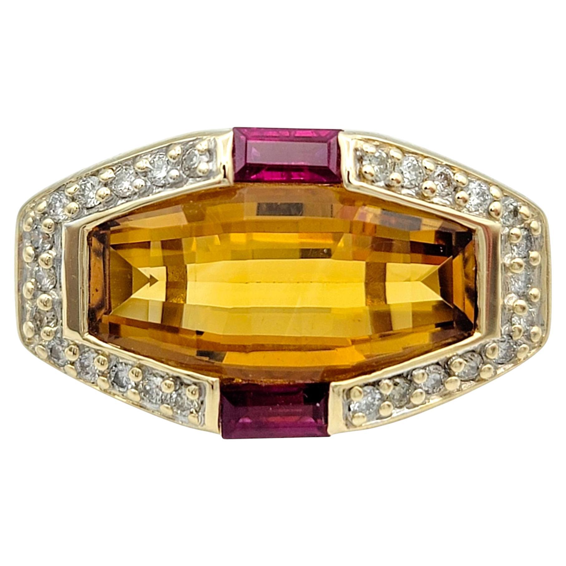 11.24 Carat Citrine East West Ring with Rubies & Diamonds 14 Karat Yellow Gold For Sale