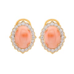 11.24 Carat Coral and Diamond 18kt Yellow Gold Stud Earrings
