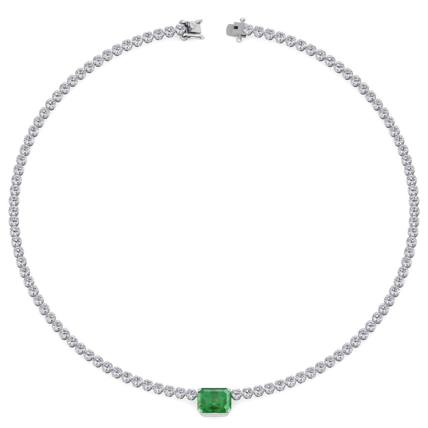 Round Cut 11.24 C.T.W. Emerald and Diamond Tennis Necklace 14k White Gold For Sale