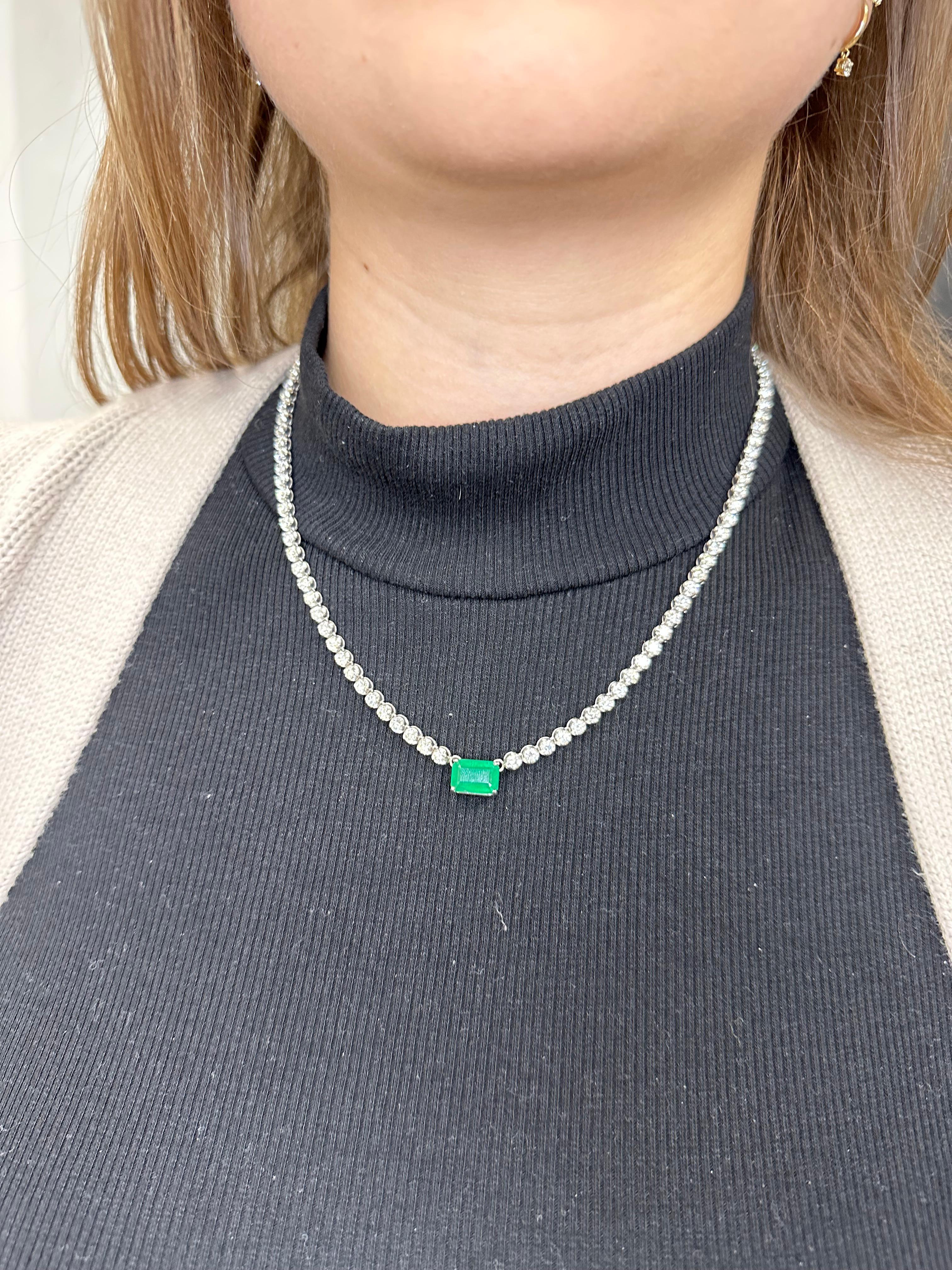 Women's 11.24 C.T.W. Emerald and Diamond Tennis Necklace 14k White Gold For Sale