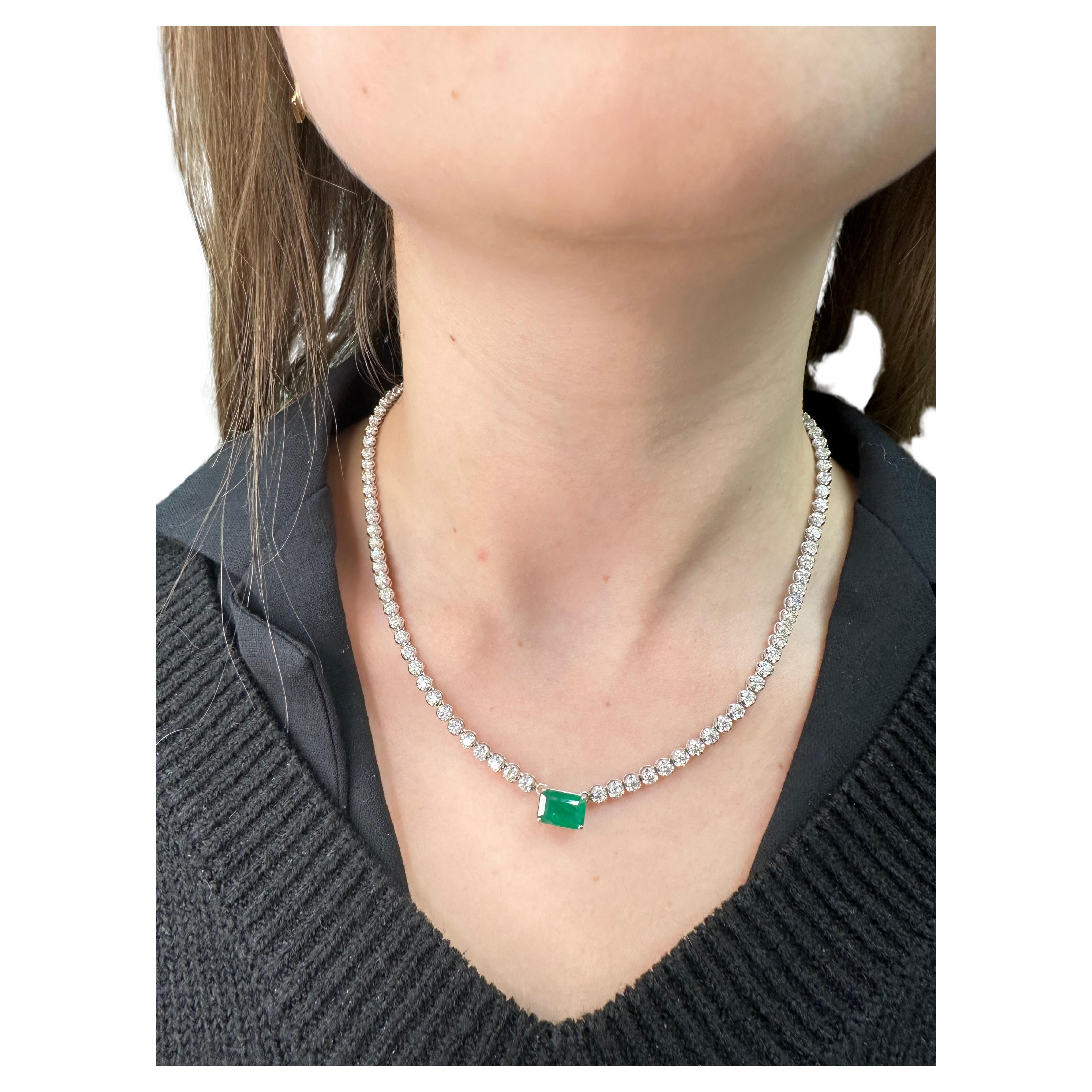 11.24 C.T.W. Emerald and Diamond Tennis Necklace 14k White Gold For Sale