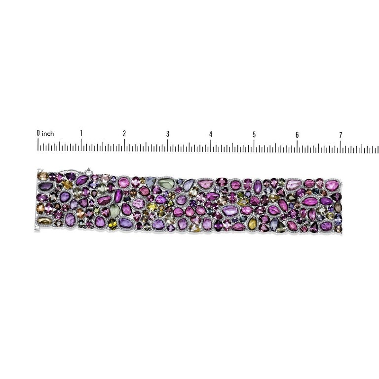 112.42 Carat Multicolor Sapphire and Diamond Bracelet in 18k White Gold In New Condition For Sale In New York, NY