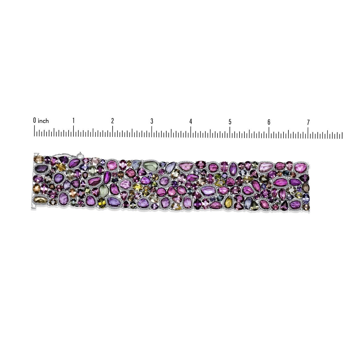 Mixed Cut 112.42 Carat Multicolor Sapphire and Diamond Bracelet in 18k White Gold ref329 For Sale