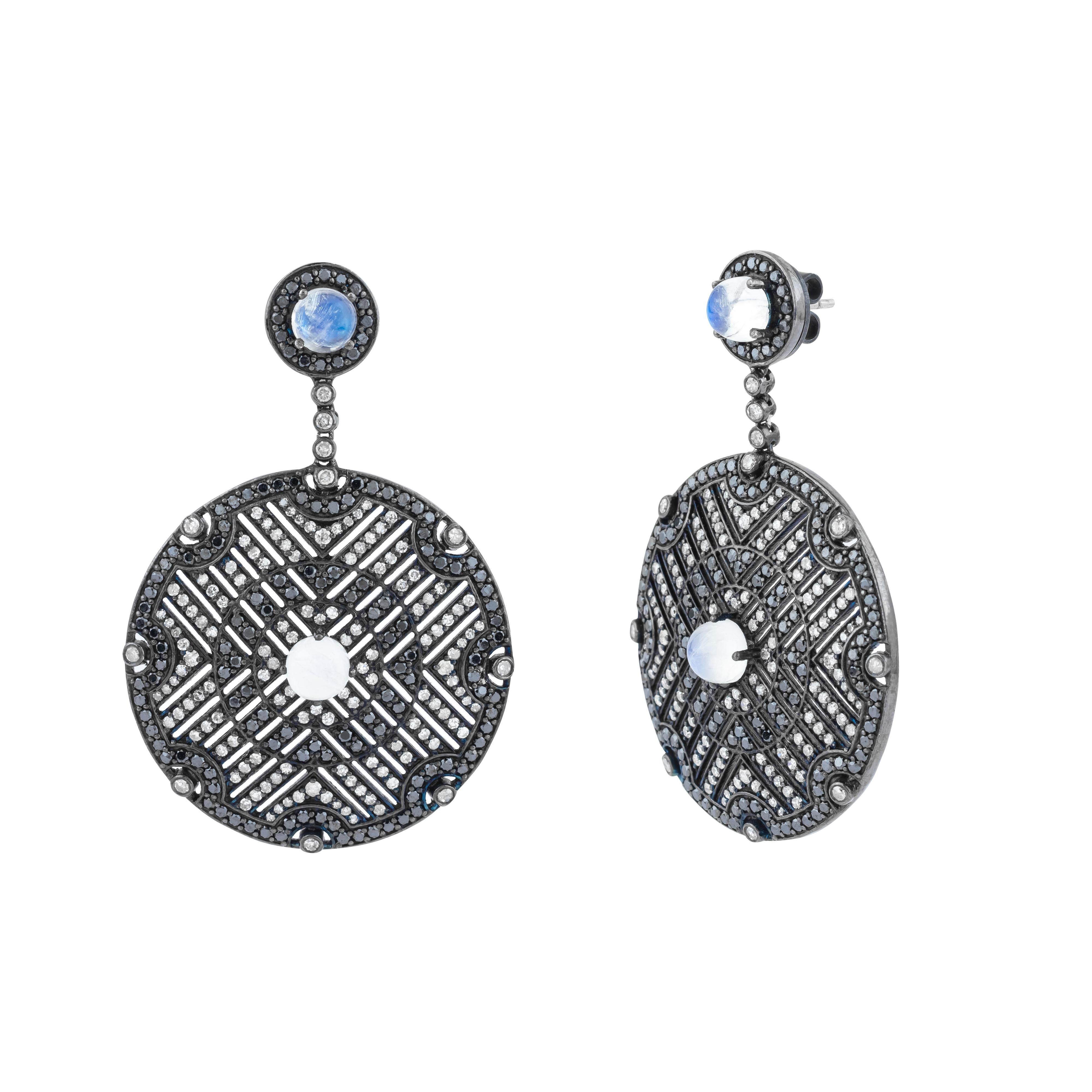 Brilliant Cut 11.25 Carat Diamond, Black Diamond and Moonstone Drop Earrings For Sale