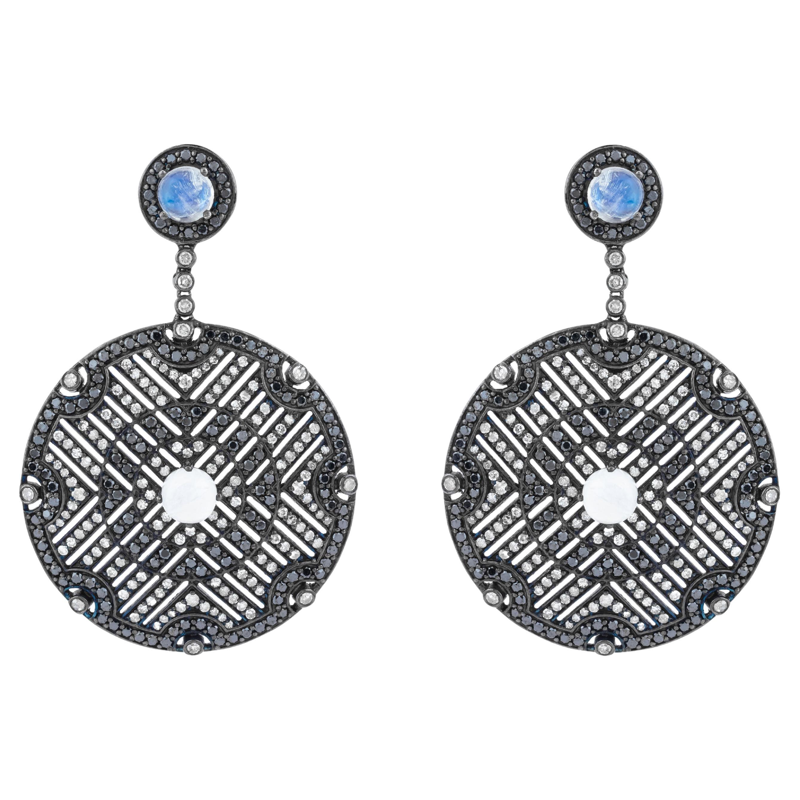 11.25 Carat Diamond, Black Diamond and Moonstone Drop Earrings For Sale
