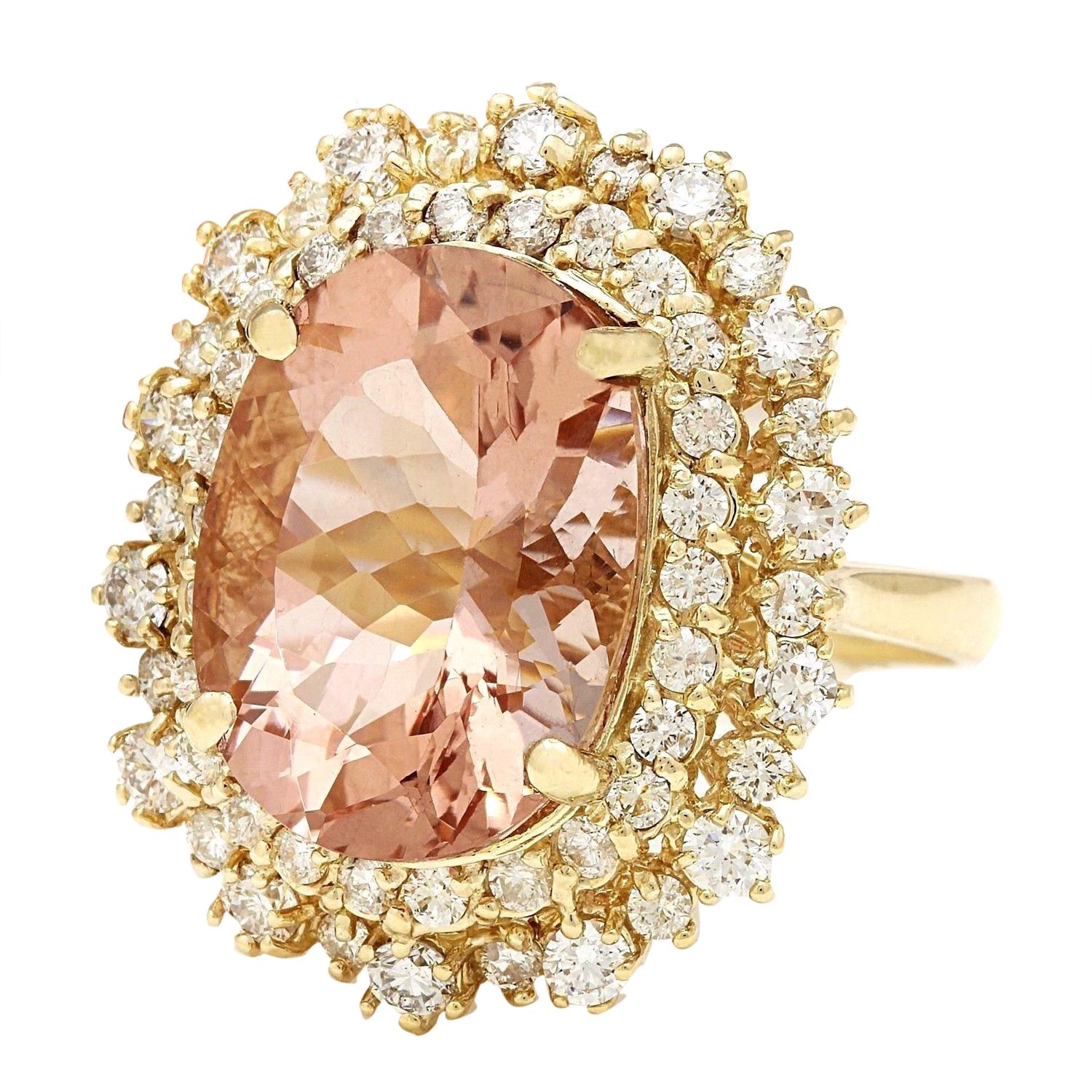11.25 Carat Natural Morganite 14K Solid Yellow Gold Diamond Ring
 Item Type: Ring
 Item Style: Cocktail
 Material: 14K Yellow Gold
 Mainstone: Morganite
 Stone Color: Peach
 Stone Weight: 9.65 Carat
 Stone Shape: Oval
 Stone Quantity: 1
 Stone