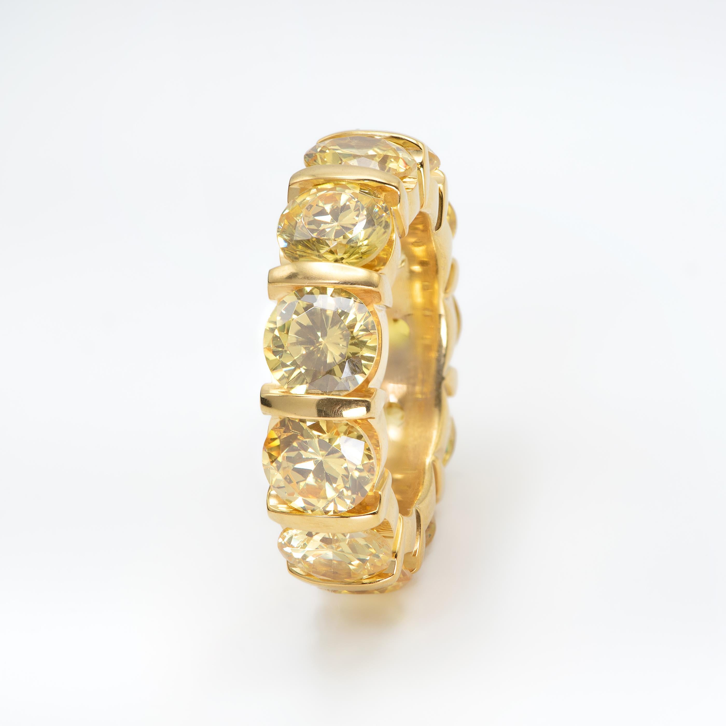 Round Cut 11.25 Carat Round Fancy Vivid Yellow Diamond Eternity Band Ring For Sale