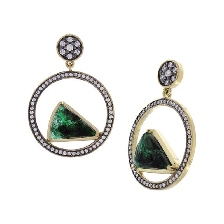 11.25 Carat Total Carved Emerald and Diamond Earrings in 18 Karat Yellow Gold For Sale