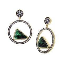 11.25 Carat Total Carved Emerald and Diamond Earrings in 18 Karat Yellow Gold