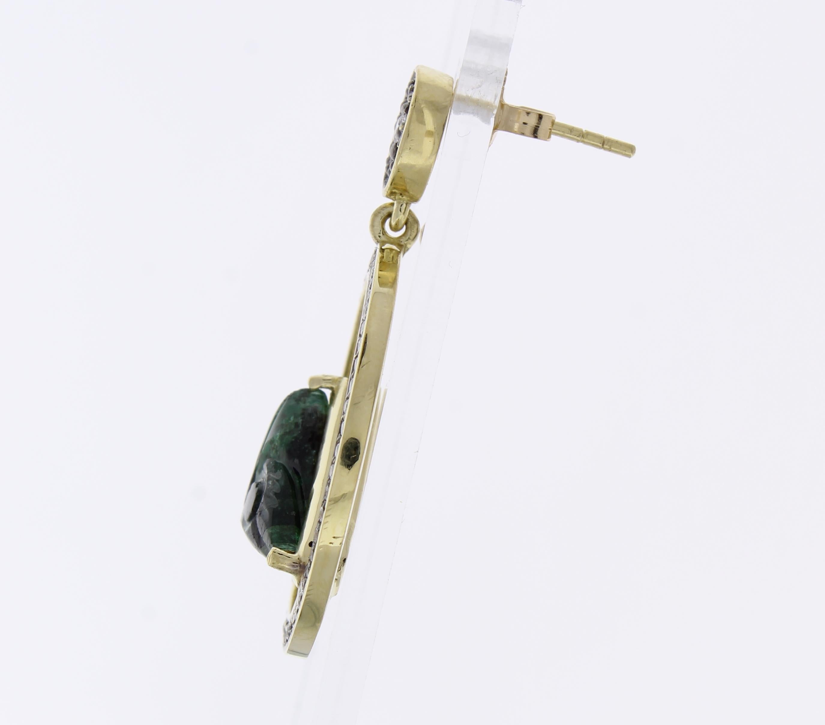 Contemporary 11.25 Carat Total Carved Emerald and Diamond Earrings in 18 Karat Yellow Gold For Sale