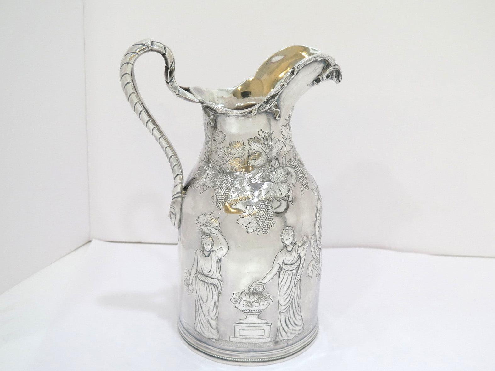 19th Century Coin Silver Wood & Hughes Antique Greek Revival Wine Pitcher