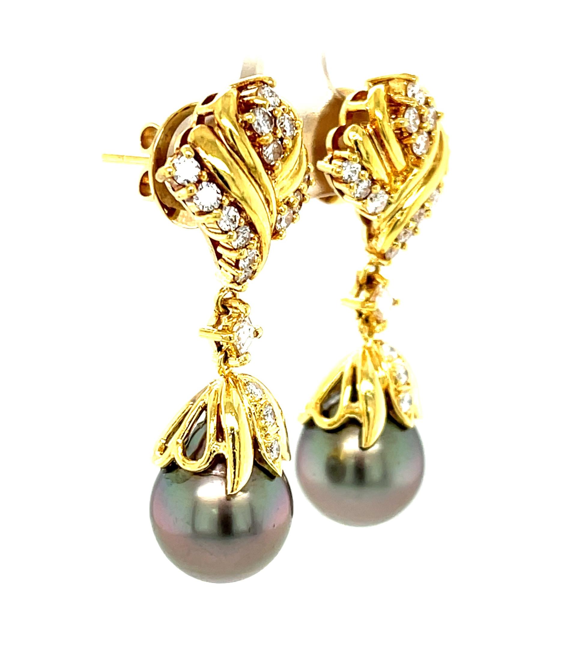 Artisan  11.25mm South Sea Pearl and Diamond Dangle Earrings in 18k Yellow Gold 