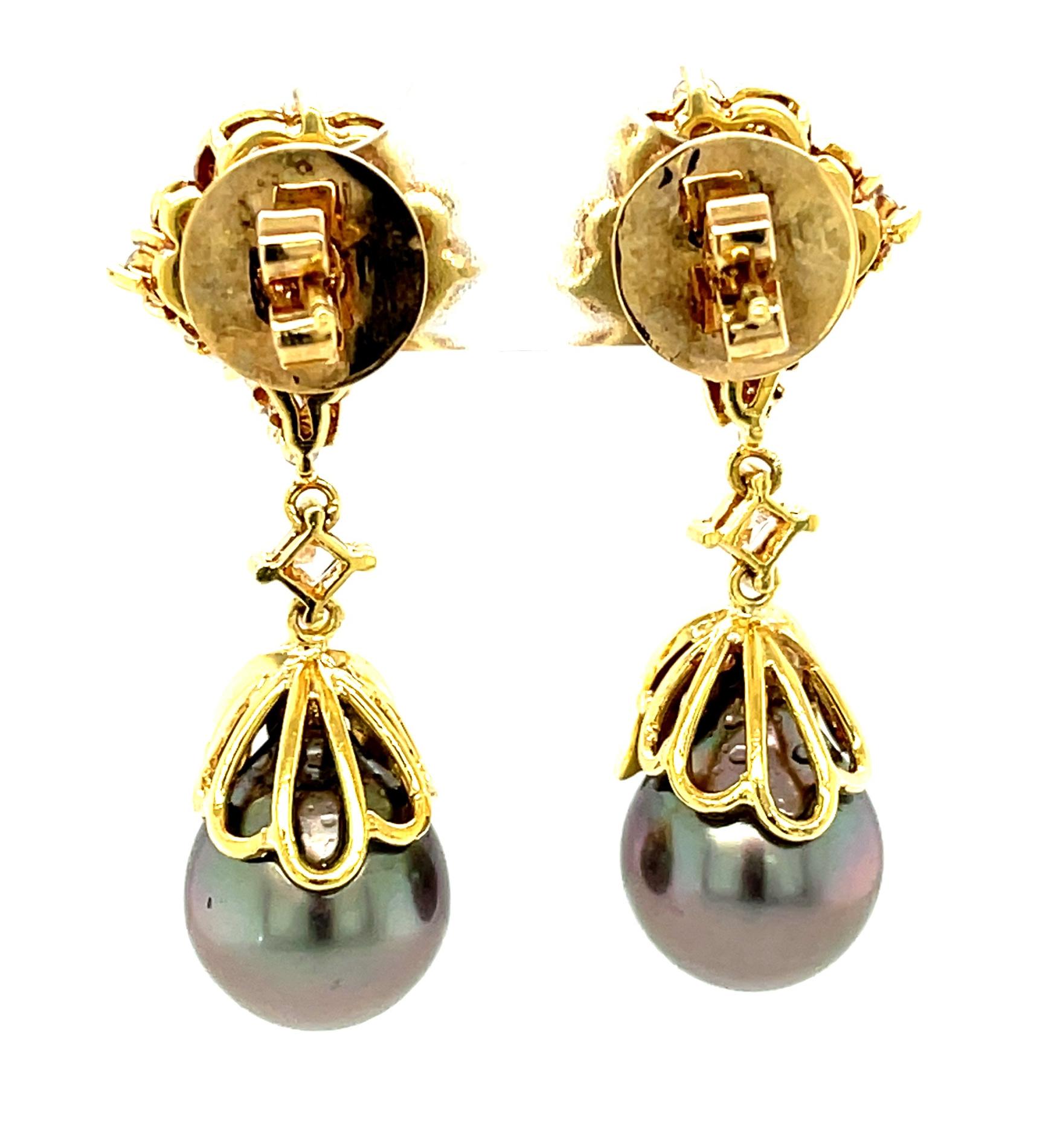  11.25mm South Sea Pearl and Diamond Dangle Earrings in 18k Yellow Gold  1