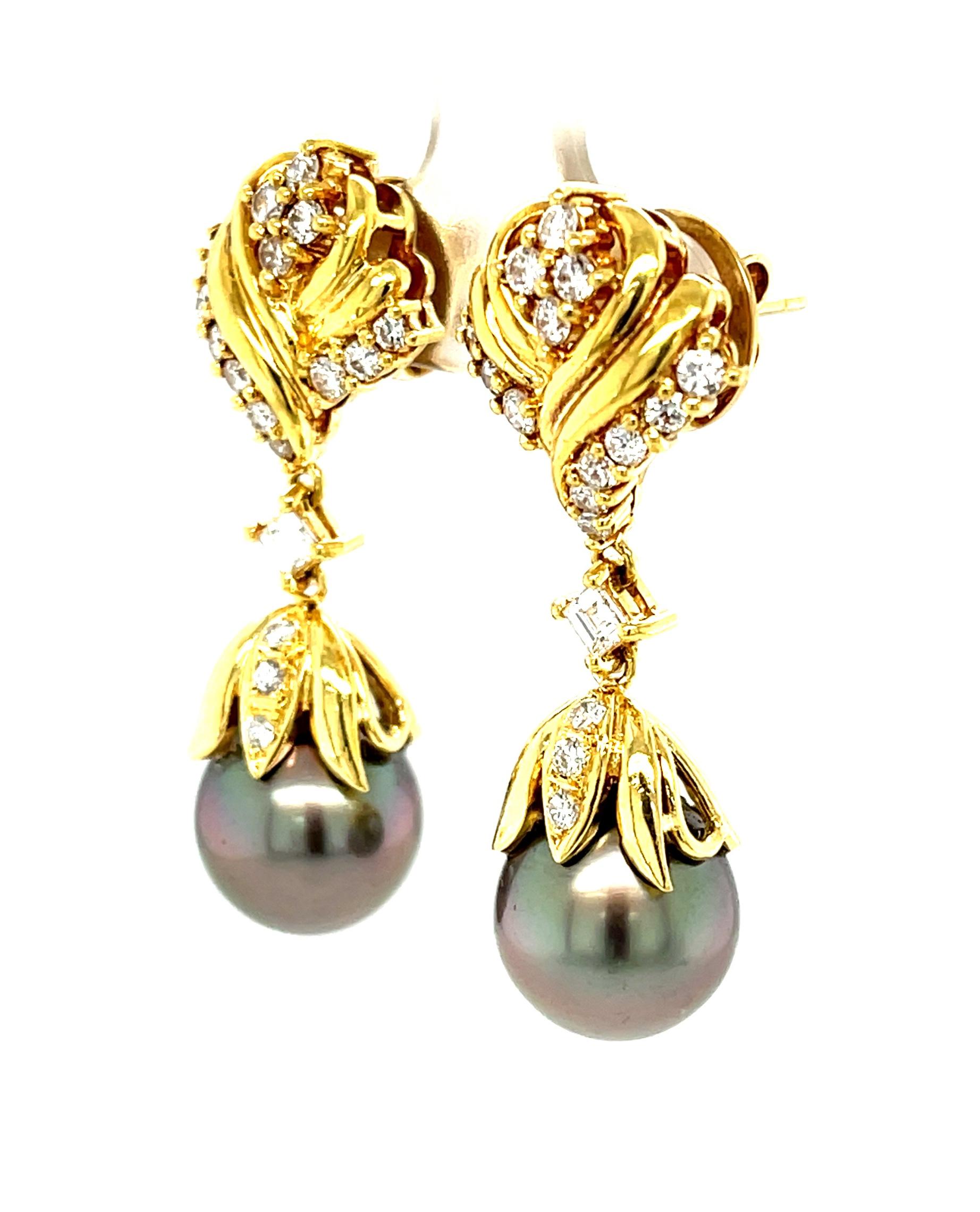 Round Cut  11.25mm South Sea Pearl and Diamond Dangle Earrings in 18k Yellow Gold 
