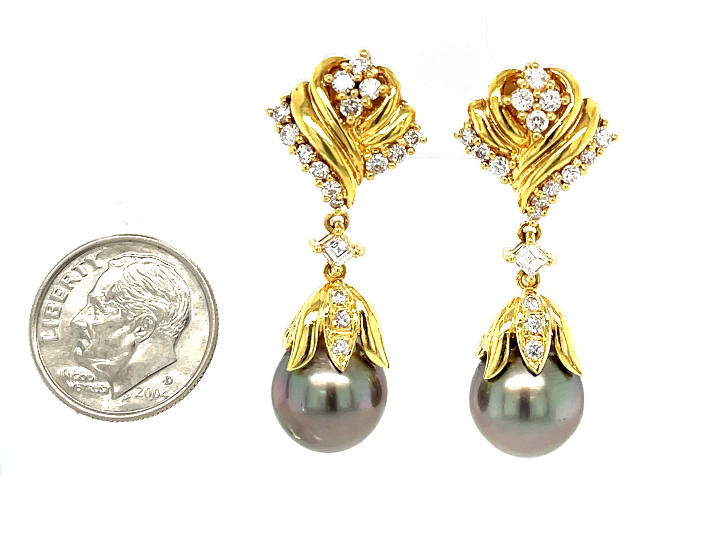  11.25mm South Sea Pearl and Diamond Dangle Earrings in 18k Yellow Gold  2