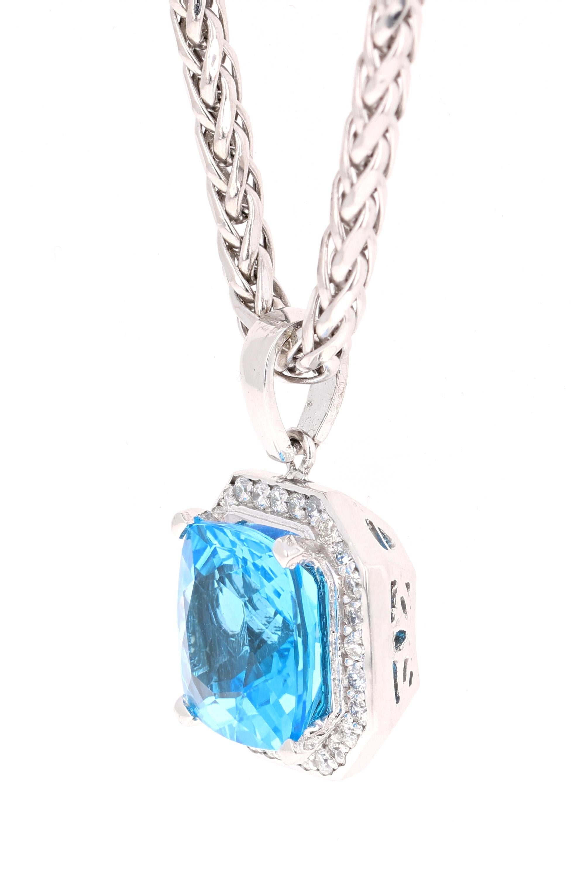 A beautiful deep Blue Topaz and Diamond Pendant with a detachable chain that is sure to take your accessory collection to the next level.

The pendant has a beautiful Cushion Cut Blue Topaz in the center which weighs 10.61 carats.  The Pendant is
