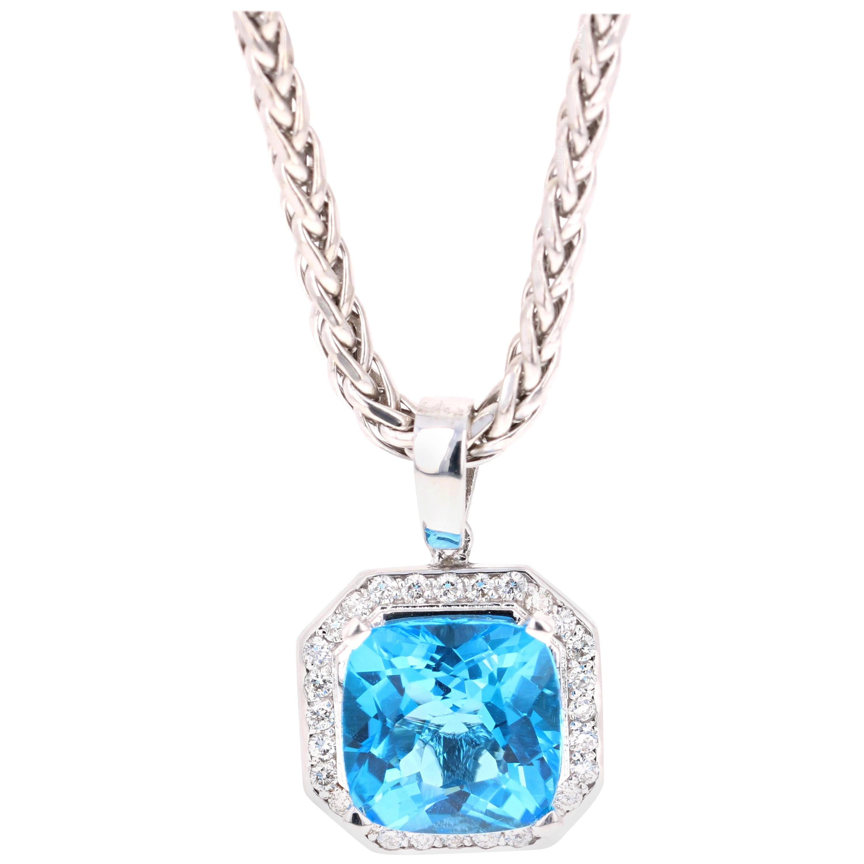 11.26 Carat Blue Topaz Diamond 14 Karat White Gold Pendant with Chain Necklace