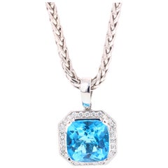 11.26 Carat Blue Topaz Diamond 14 Karat White Gold Pendant with Chain Necklace