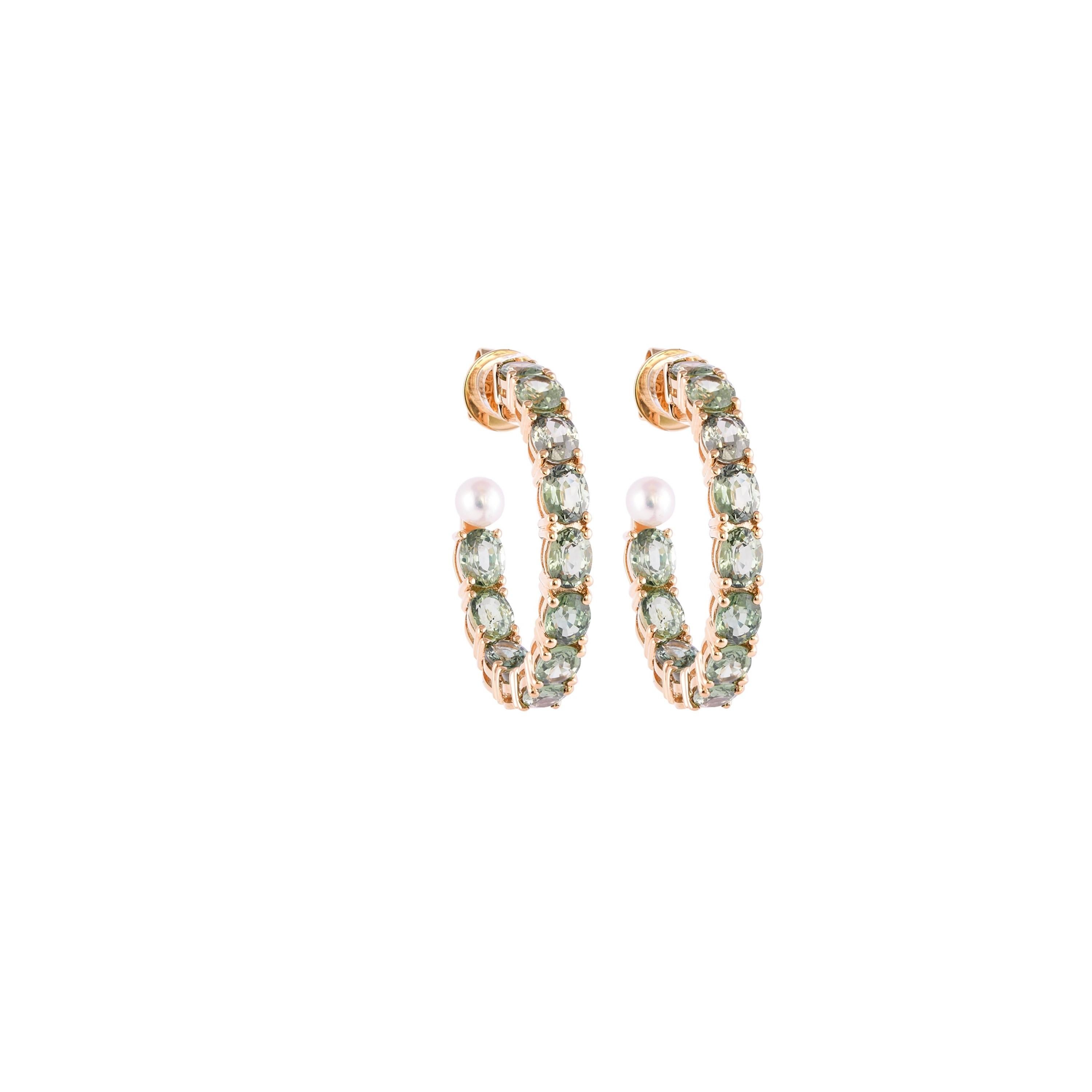 Contemporary 11.26 Carat Green Sapphire Earring in 18 Karat Rose Gold with Pearls