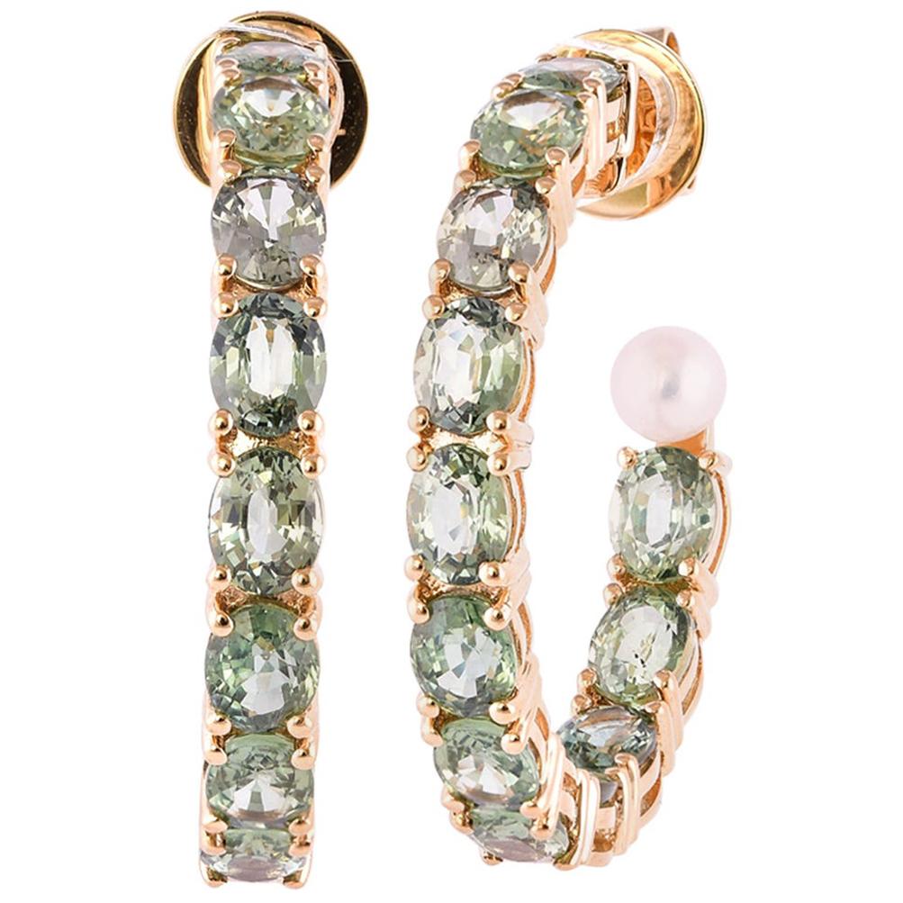 11.26 Carat Green Sapphire Earring in 18 Karat Rose Gold with Pearls