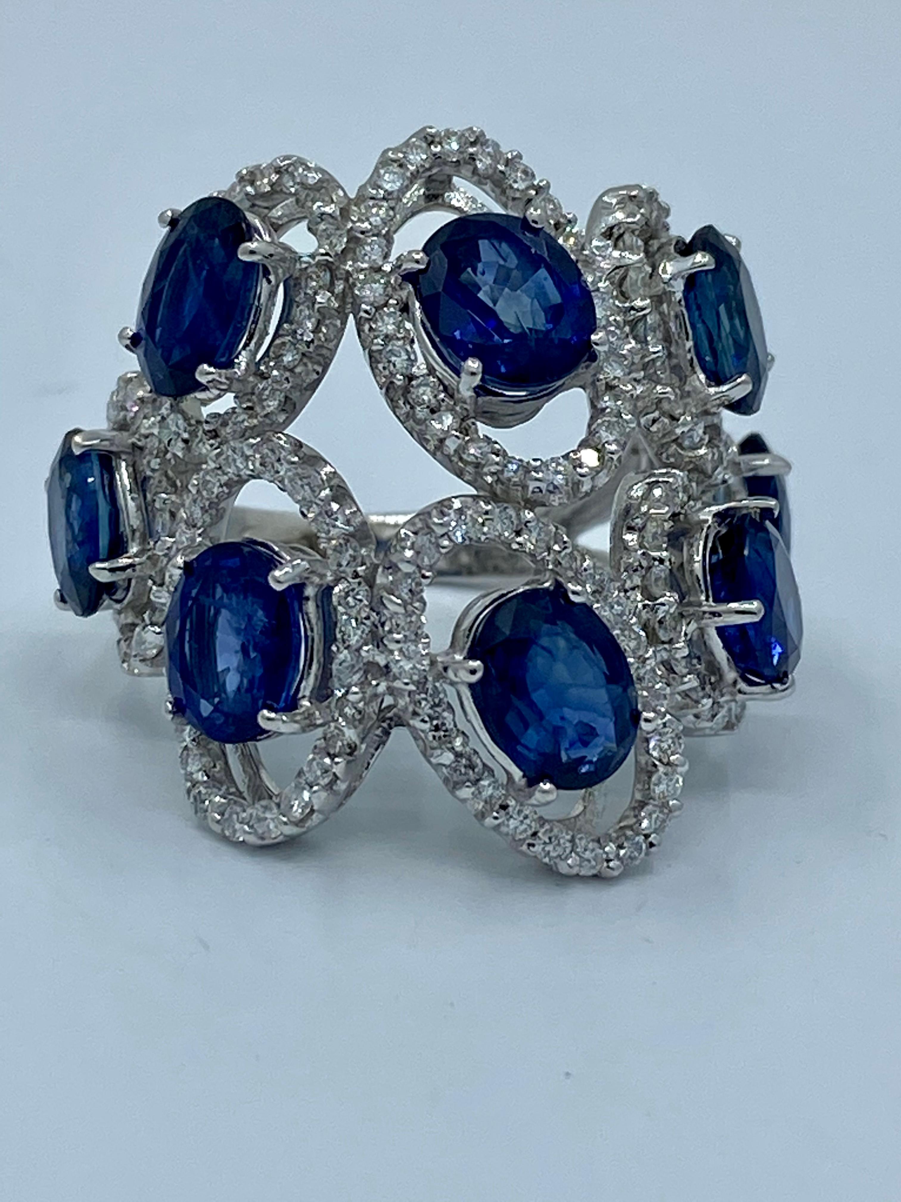 Oval Cut 11.26 Carat Natural Blue Sapphire and Diamond White Gold Cocktail Ring