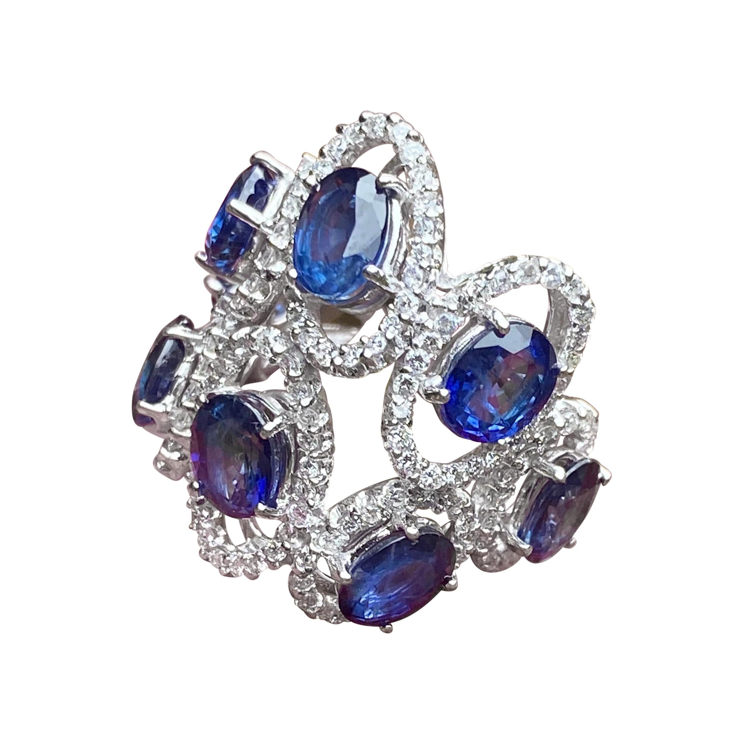 11.26 Carat Natural Blue Sapphire and Diamond White Gold Cocktail Ring