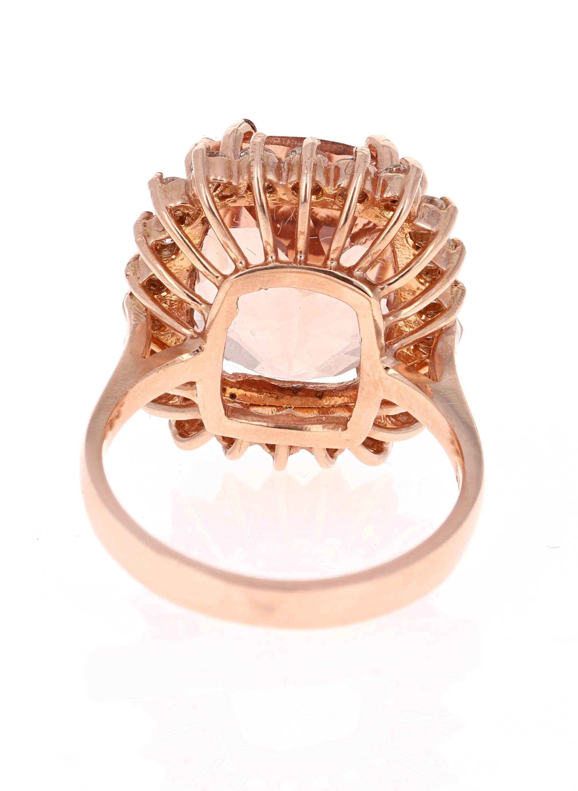 Cushion Cut 11.27 Carat Morganite Diamond 14 Karat Rose Gold Cocktail Ring For Sale