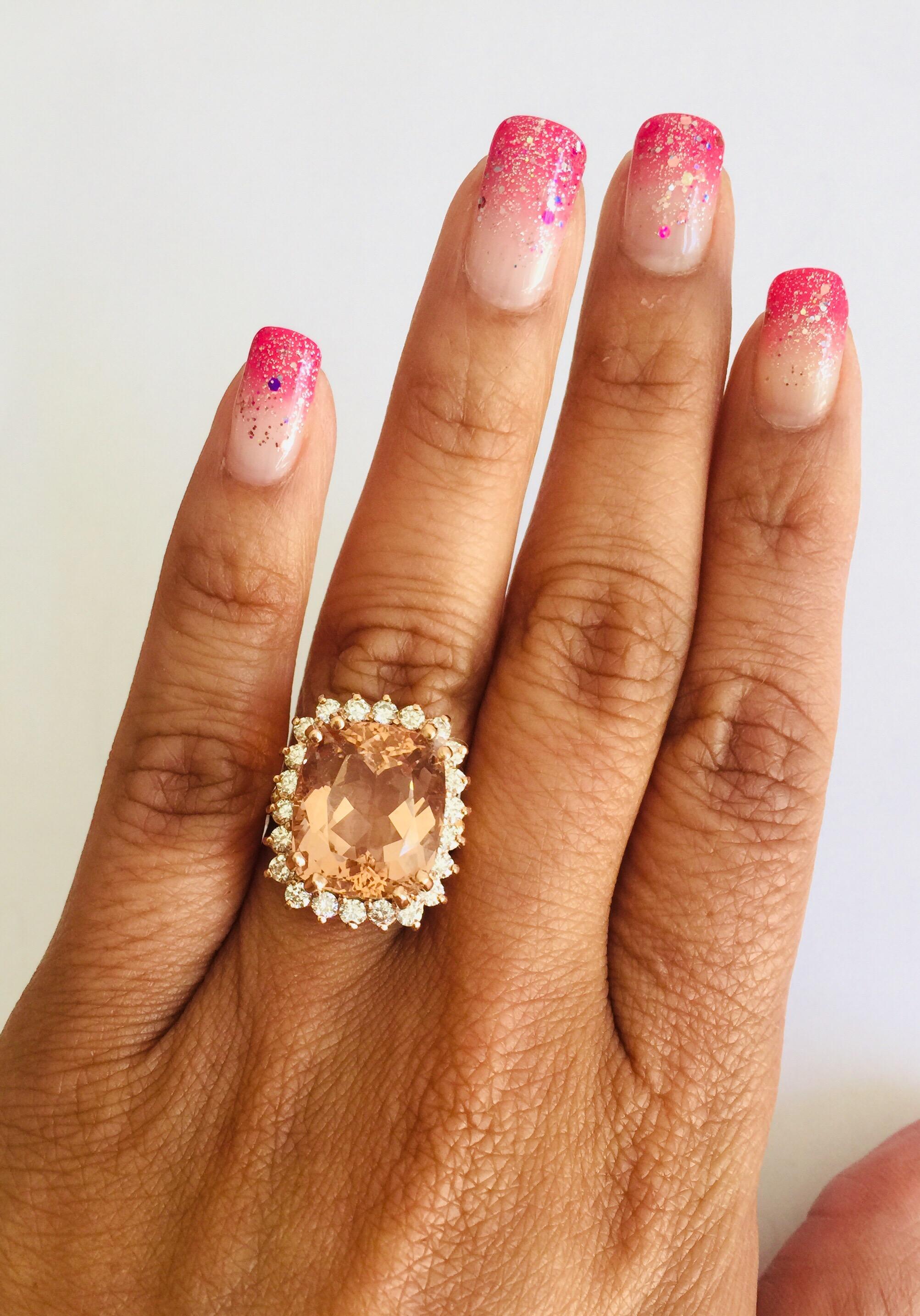 11.27 Carat Morganite Diamond 14 Karat Rose Gold Cocktail Ring In New Condition For Sale In Los Angeles, CA